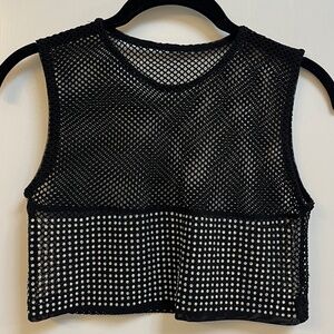 Black Mesh Crop Top with Rhinestone Detail Size S